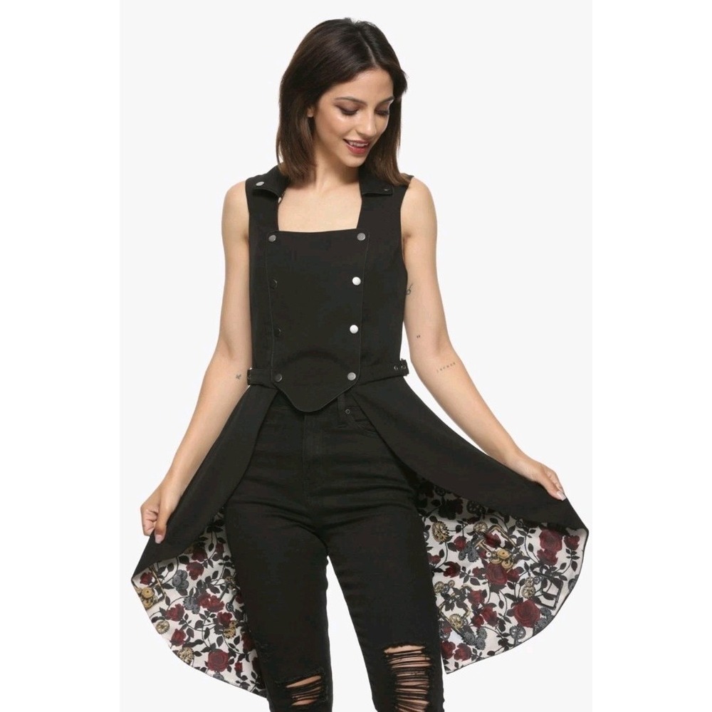Hot Topic Snap-Front Split-Back Long Vest Women L Black Punk Goth Grunge Moto